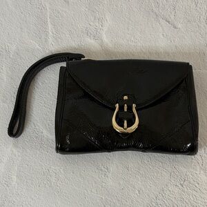 Kate Spade Y2K Putnam Drive, Gold Horseshoe Buckle, Glossy Black Patent Clutch